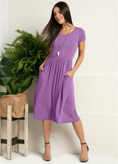 Vestido Midi Violeta Acinturado Bolsos Quintess