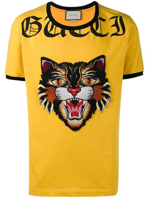 Gucci Cotton T Shirt With Angry Cat Appliqué In Yellow And Orange