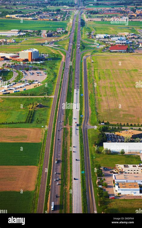 An aerial view of Interstate 25, running through northern Colorado ...