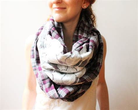 Plaid Flannel Infinity Scarf Chunky Cowl Scarf With Lace Etsy