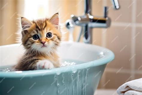 Premium Ai Image Cute Kitten Bathing In The Bathtub