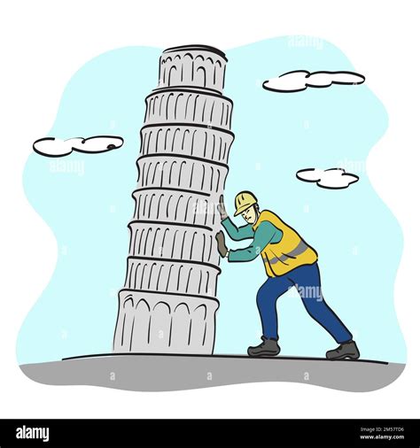 Construction Worker With Hard Hat Trying To Push The Leaning Pisa Tower