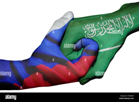 Diplomatic Handshake Between Countries Flags Of Russia And Saudi