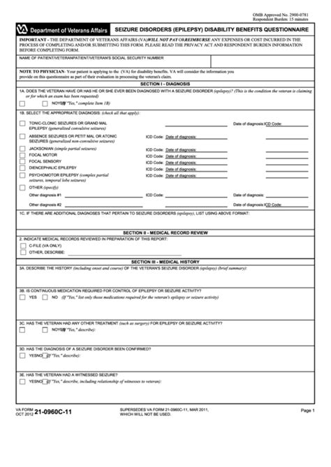 Fillable Va Form C Seizure Disorders Epilepsy Disability