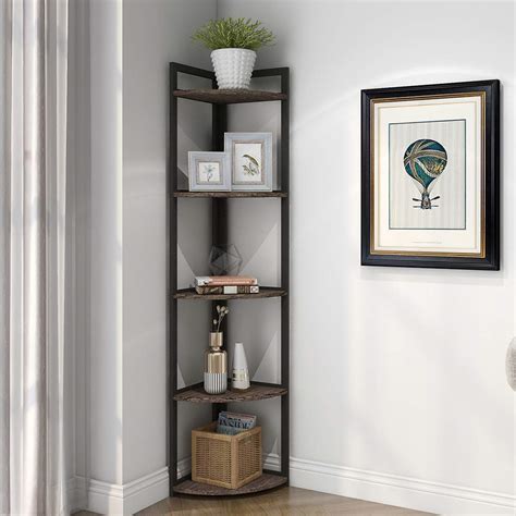 Superjare Corner Shelf Industrial 5 Tier Wood Wall Corner Bookshelf