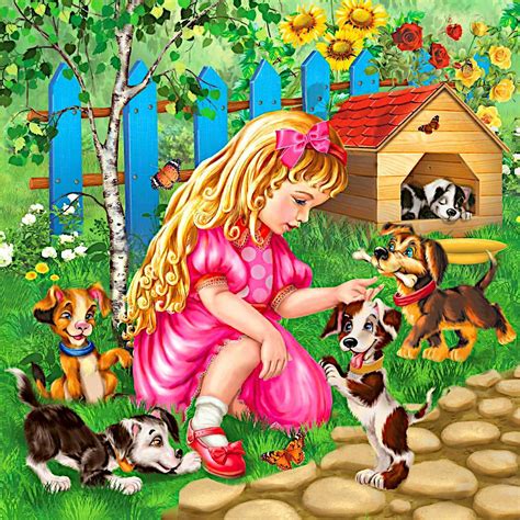 Solve A Girl And Her Puppies Jigsaw Puzzle Online With 64 Pieces