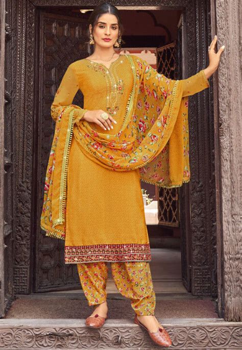 Embroidered Crepe Punjabi Suit In Mustard Kqu