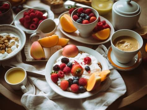 Premium Photo A Table Topped With Plates Of Food And Cups Of Coffee