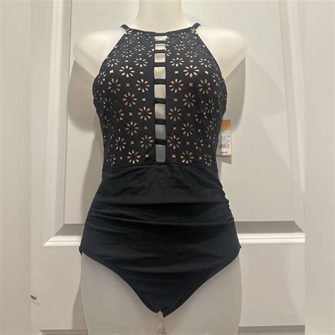Kona Sol Swim Kona Sol Black Swimsuit With Nude Color Floral Cutout Poshmark