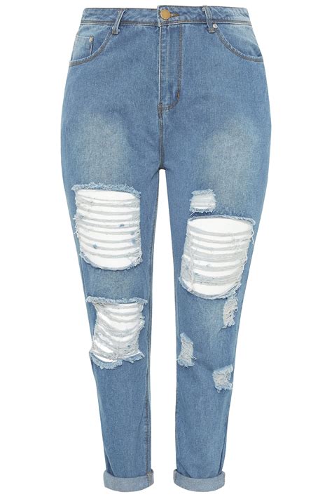 Blue Extreme Ripped Mom Jeans Yours Clothing