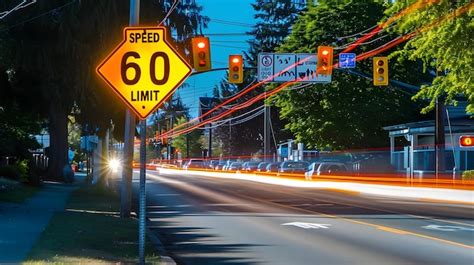 Premium Photo Nighttime City Street With A 60 Kmh Speed Limit Sign