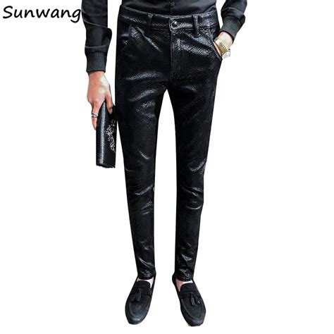 Men Skinny Faux PU Leather Pants Plus Velvet Shiny Black Gold Silver