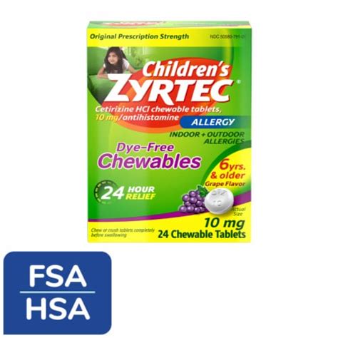 Childrens Zyrtec 24 Hour Allergy Relief Dye Free Chewable Tablets