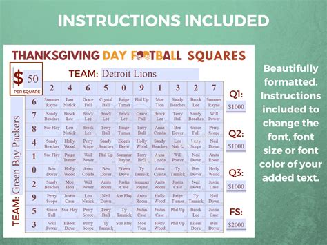 Football Squares Template Printable Editable PDF Thanksgiving Football ...