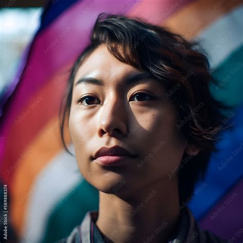 Asian Person Stands Confidently In Front Of A Rainbow Flag A Symbol Of Lgbt Pride And