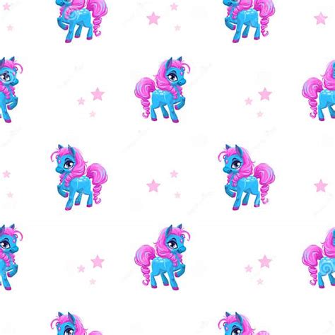 Seamless Pattern With Little Cartoon Blue Pony Stock Vector