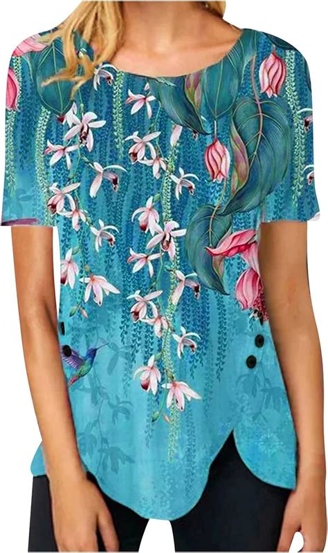 Bestyyo Womens Summer Tops Womens Summer O Neck Flowers Printed