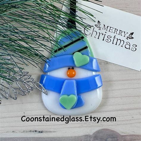 Chubby Snowman Christmas Ornament Fused Glass Blue And Green Snowman Ornament Christmas Tree