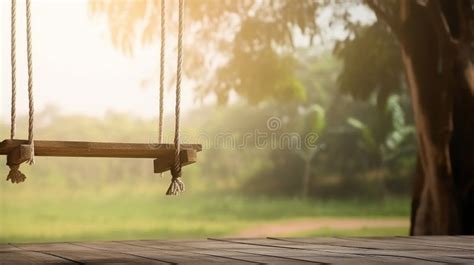 Wooden Terrace With Wicker Swing Hang Illustration Ai Generative Stock