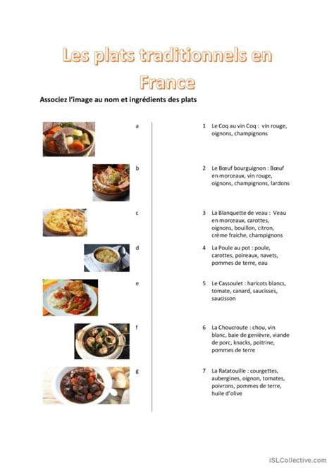 Les plats traditionnels en France co Deutsch DAF Arbeitsblätter pdf doc