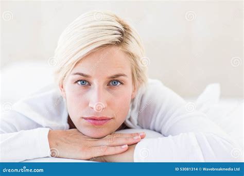 Smiling Blonde Woman Lying On The Bed Stock Photo Image Of Portrait