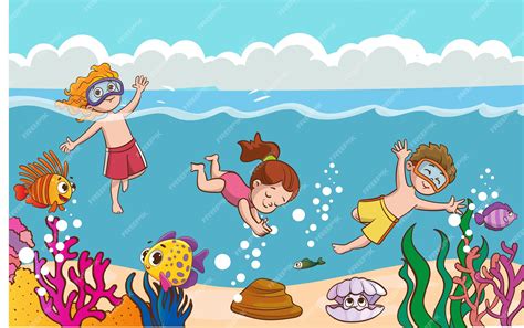 Premium Vector A Drawing Of Children Playing In The Water With A