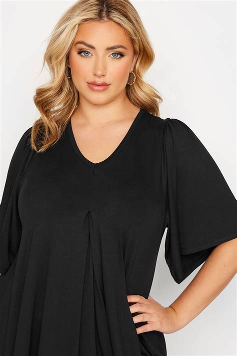 Plus Size Black Pleat Angel Sleeve Swing Top Yours Clothing