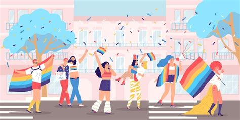Premium Vector Lgbt Parade Composition Vector Men And Women Walk On Streets Of The City In Gay