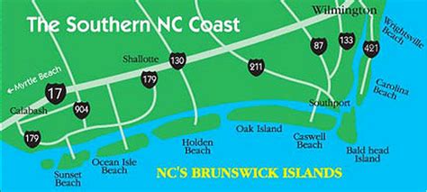 brunswickmap6in - Coastal NC Beaches Hotels Attractions Events NC Travel Deals