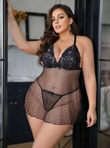 SHEIN Seduluxe 2pcs Set Plus Size Lace Contrast Mesh Sexy Lingerie
