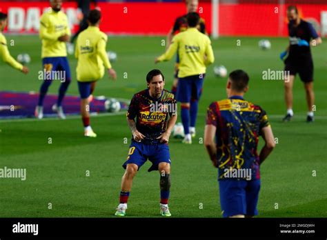 Fc Barcelona S Lionel Messi Center Warms Up Prior Of The Spanish La