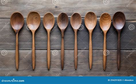 Rustic Handcarved Wooden Spoons In A Row Ai Generated Stock