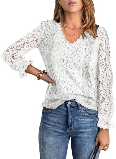 Farysays Womens Long Sleeve Lace Tops V Neck Polka Dot Blouses Shirts