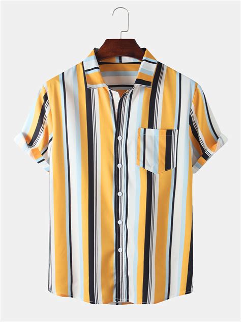 Mens Wide Striped Turn Down Collar Short Sleeve Shirts – Alexnld.com