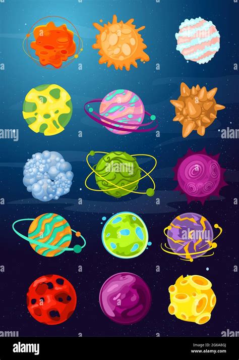 Conjunto De Ilustración Vectorial De Fantásticos Planetas De Dibujos Animados Asteroides