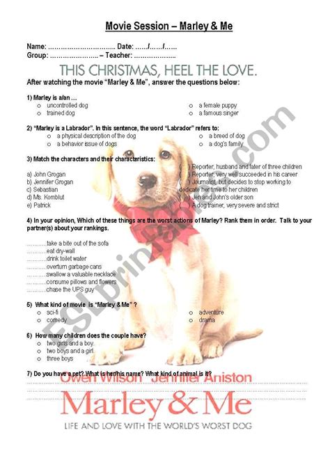 Marley And Me Esl Worksheet By Patriciaovieira