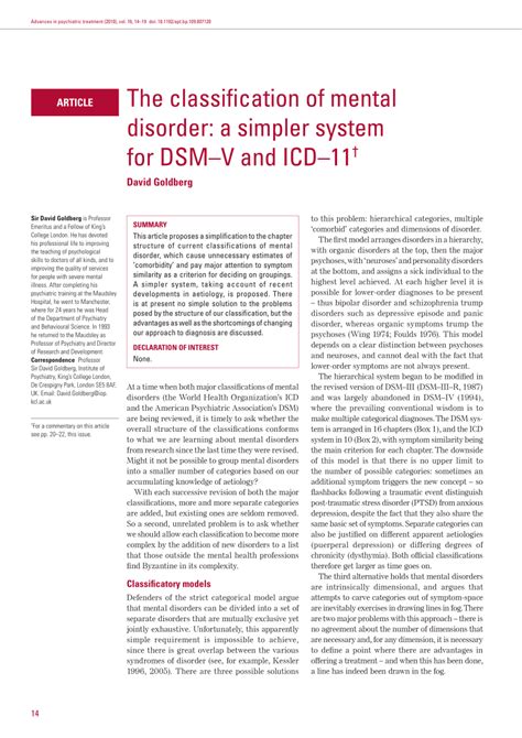 Pdf The Classification Of Mental Disorder A Simpler System For Dsm V