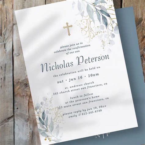 Invitaci N Confirmaci N Para L Moderno Foliage Gold Cross Zazzle Es