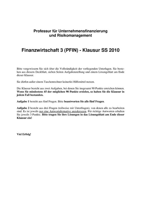 10SS Klausur Lösung Professur für Unternehmensfinanzierung und