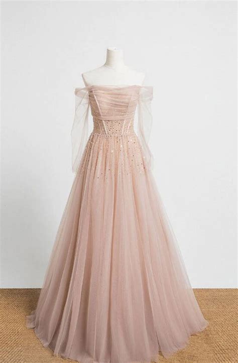 A Line Champagne Tulle Sequin Long Prom Dresses On Luulla