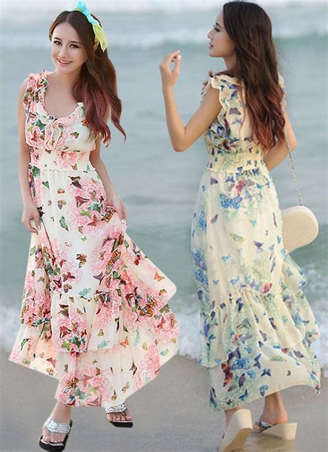 Summer Dresses Women Ladies Ruffles Chiffon Dress Bohemian Beach Dress Floral Print Long Skirt