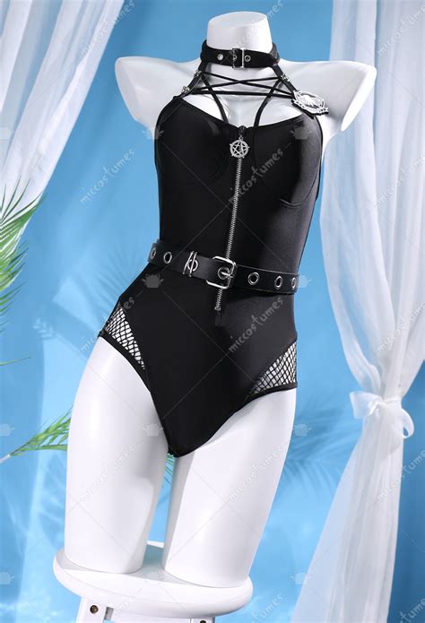 Wednesday Gothic Damen Bodysuit Swimsuit High Cut Pentagramm Criss