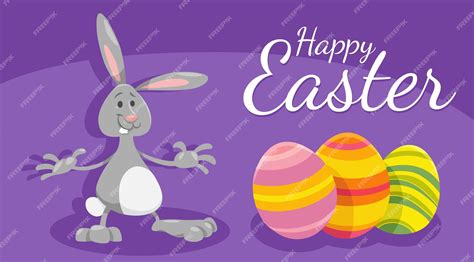 Premium Vector Cartoon Easter Bunny With Painted Eggs Greeting Card