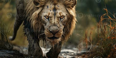 Portrait of adult male lion, Wild animal the nature habitat. Scarred lion face. Generative AI ...