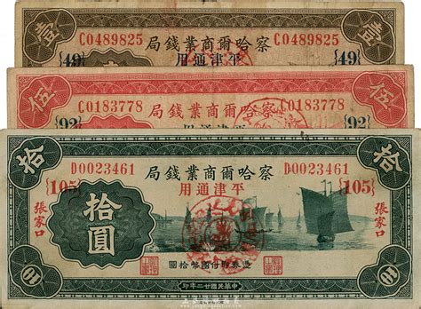 民国廿二年1933年察哈尔商业钱局壹圆伍圆拾圆共3枚不同正面均加盖阳原察南银行监理官戳记属日伪政权发行少见七至八成新