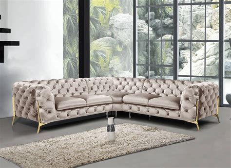 Canape D Angle Capitonne Chesterfield Velours Beige Carmen Dip