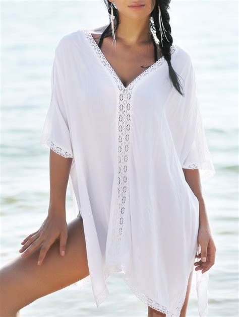 29 OFF Lace Trim Slit Flowy Tunic Kaftan Cover Up Rosegal