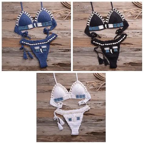 Hecho A Mano De Crochet Sexy Bikini Azul Shell De Alta Calidad Traje De