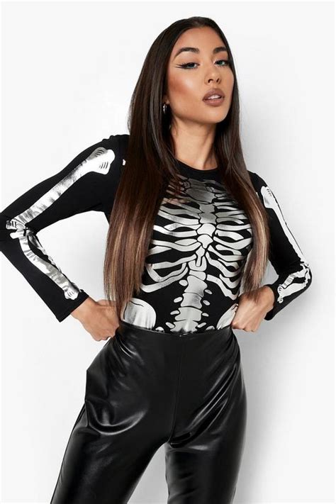 Tops Halloween Metallic Skeleton Bodysuit Boohoo