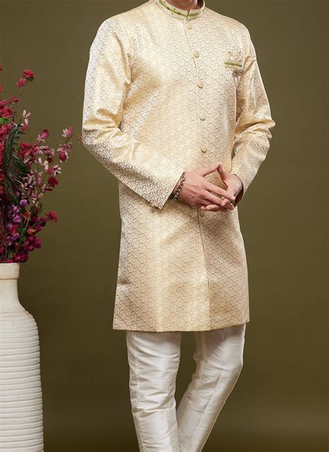 Shop Cream Art Silk Jacquard Indowestern Sherwani Party Wear Online At